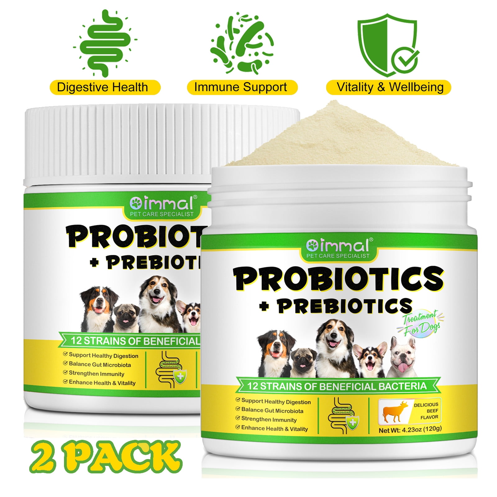 Oimmal Probiotic for Dogs Gut, 12 Strains & Prebiotics + Prebiotics Support for Dogs Digestion, Powder Probiotic for Dogs Digestive Immunity - 120g X 2Pack