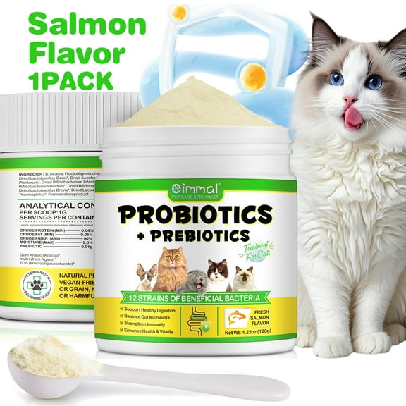 Oimmal Probiotics for Cats in Powder, 12 Strains & Prebiotics for Digestion Health (120g), Support Cats Immunity & Gut Health - 120 Scoops​(Max) - Salmon Flavor