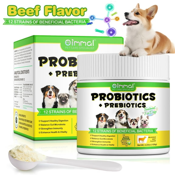 Oimmal Probiotics for Dogs Powder, 12 Strains & Prebiotics for Dog's Digestion (120g), Support for Immunity Health, Support Gut Flora Health - 120 Scoops​(Max) - Beef Flavor