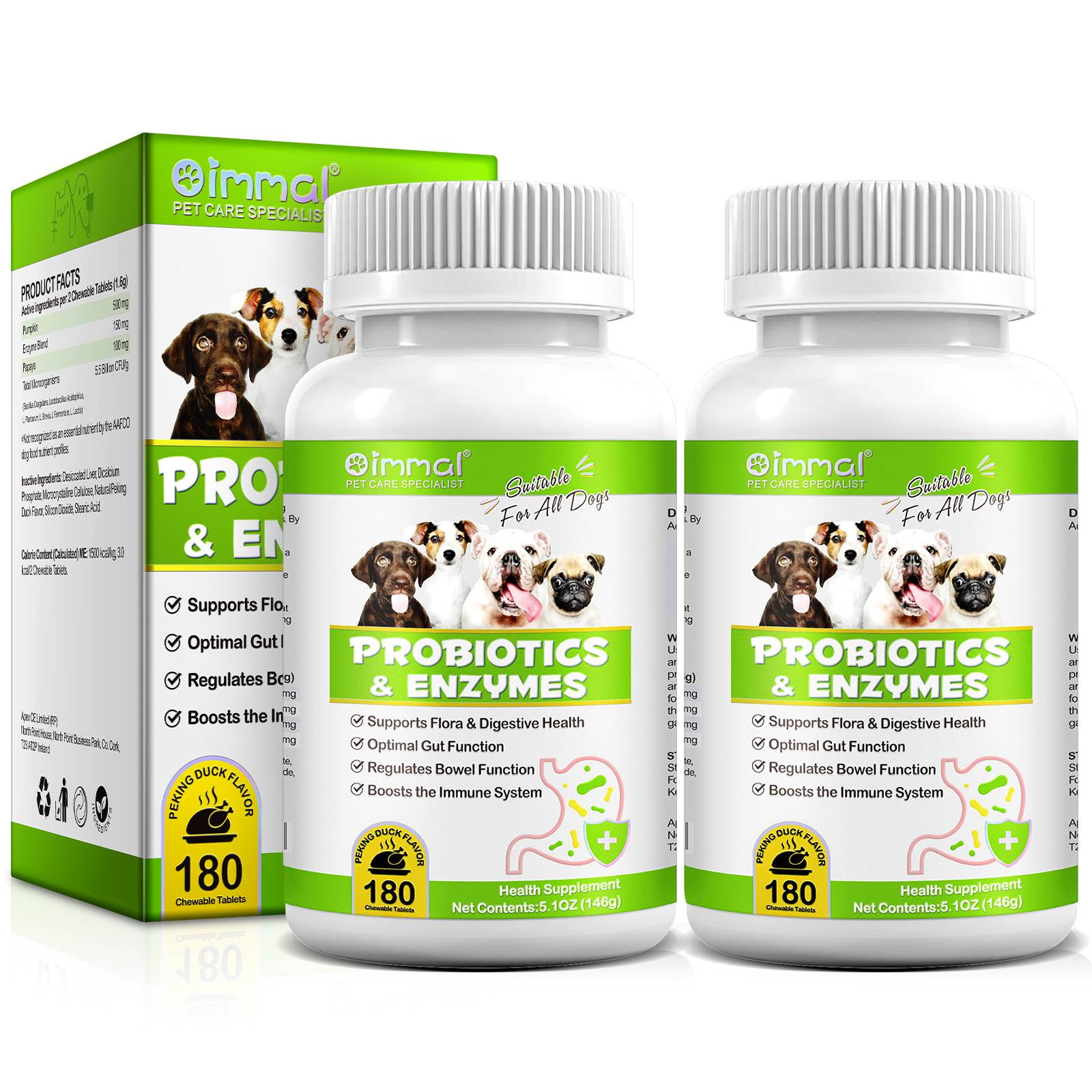 Oimmal Probiotics with Enzymes Chewable Tablets for Dogs, 180P*2 Peking Duck Flavor - Supports Flora & Digestive Health | Relief from Constipation, Allergies - Digestive and Immune Support