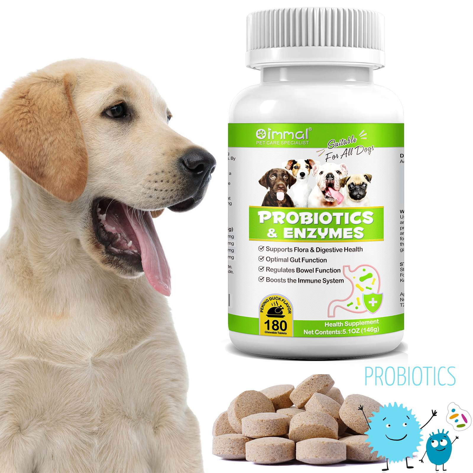 Oimmal Probiotics with Enzymes Chewable Tablets for Dogs, 180P Peking