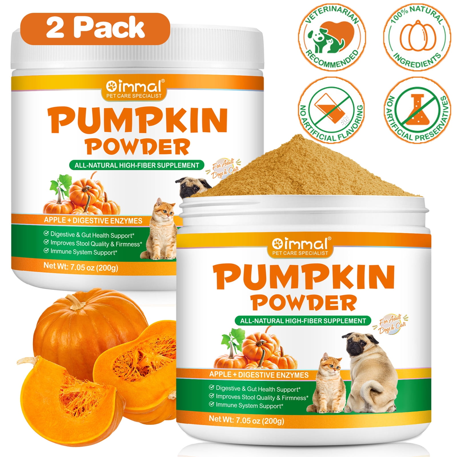 Oimmal Pumpkin for Dogs & Cats, All Natural Fiber with Digestive Enzymes, Apple, Healthy Stool & Digestive Support, Diarrhea, Constipation Relief, Pumpkin Powder for to Make Puree 2Pack