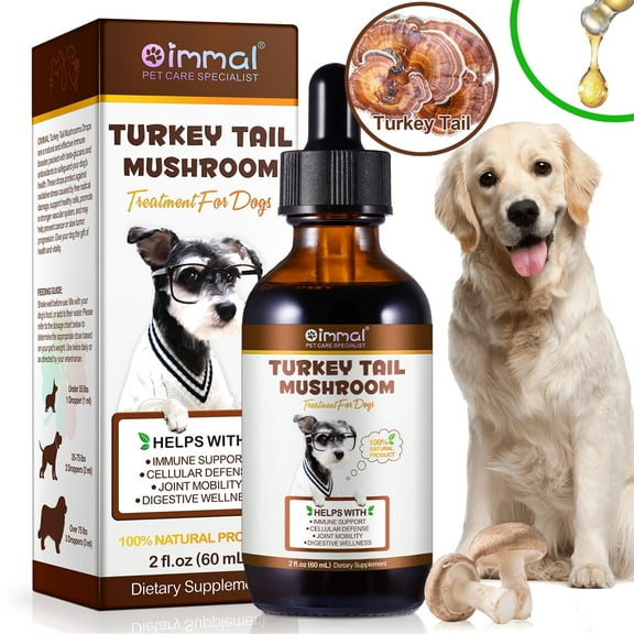 Oimmal Turkey Tail Mushroom Drops for Dogs with Probiotics & Turmeric - 2oz Immune Support, Digestive Health Support - Bacon Flavor