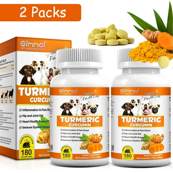 Oimmal Turmeric Curcumin for Dogs - Dogs Hip and Joint Aid Support - Heart & Immune Support - Health Supplement with Organic Turmeric, Vitamin B - 180 Chewable Tablets*2