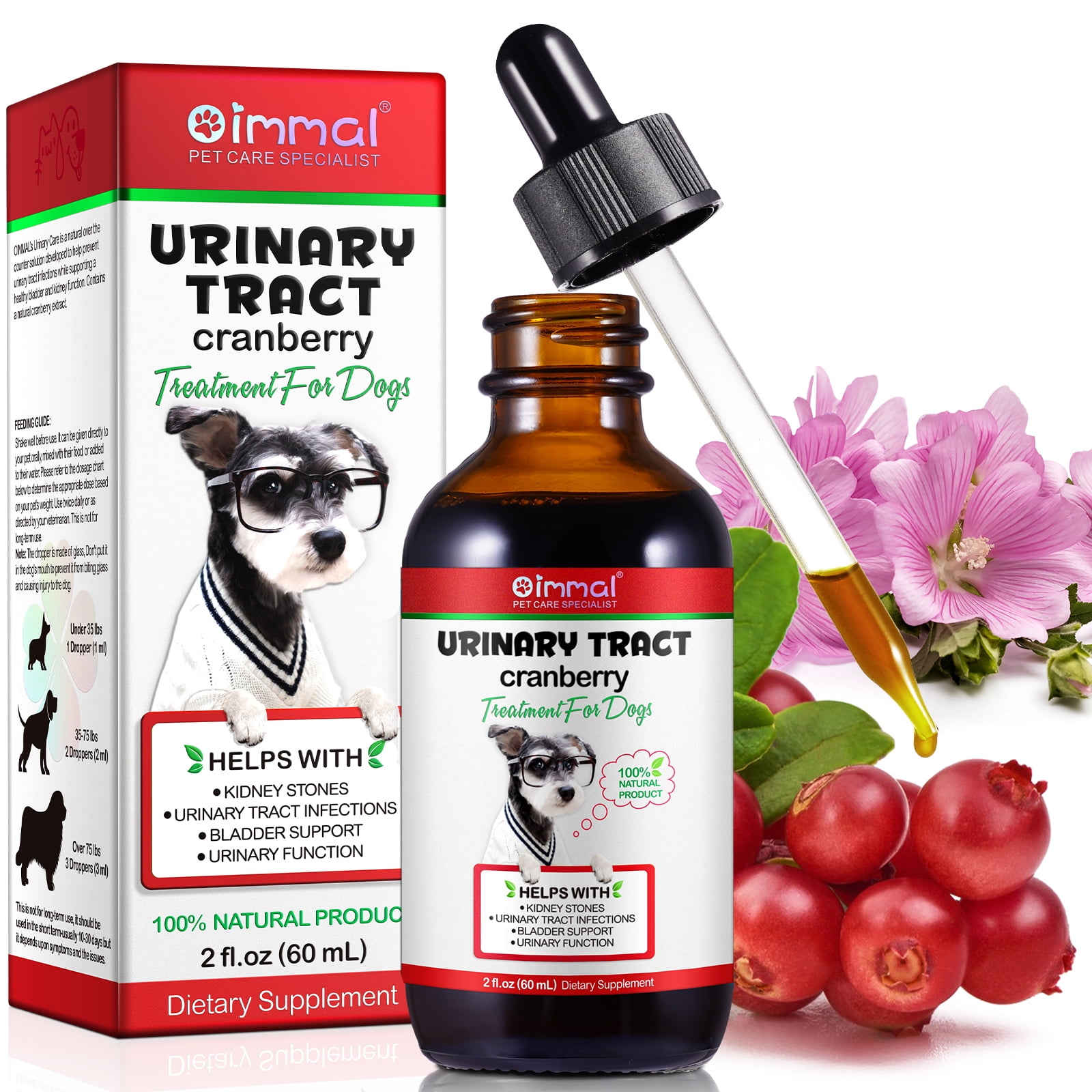 Oimmal Urinary Tract Infection Drops for Dog | Natural Cranberry, Kidney + Bladder Support Supplement Dog Renal Health & Care (2 fl oz) - 1Pack