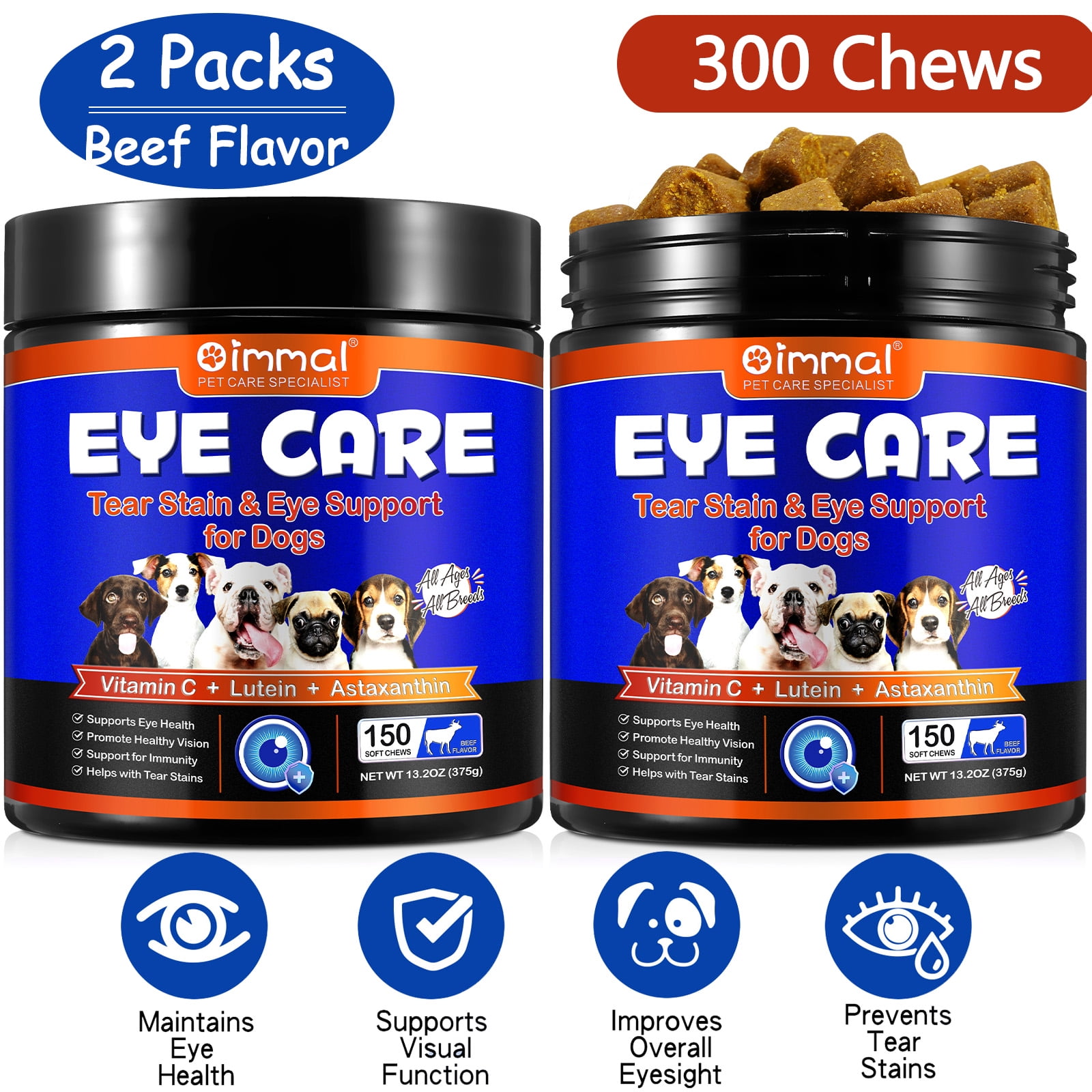 Oimmal Vision Supplement for Dogs, Tear Stain Support with Omega-3 Fatty Acids, Lutein, Bilberry Extract - Dog Vision & Immune Support Supplement - Beef Flavor 300 Chews