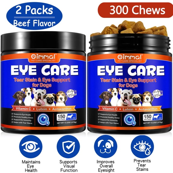 Oimmal Vision Supplement for Dogs, Tear Stain Support with Omega-3 Fatty Acids, Lutein, Bilberry Extract - Dog Vision & Immune Support Supplement - Beef Flavor 300 Chews