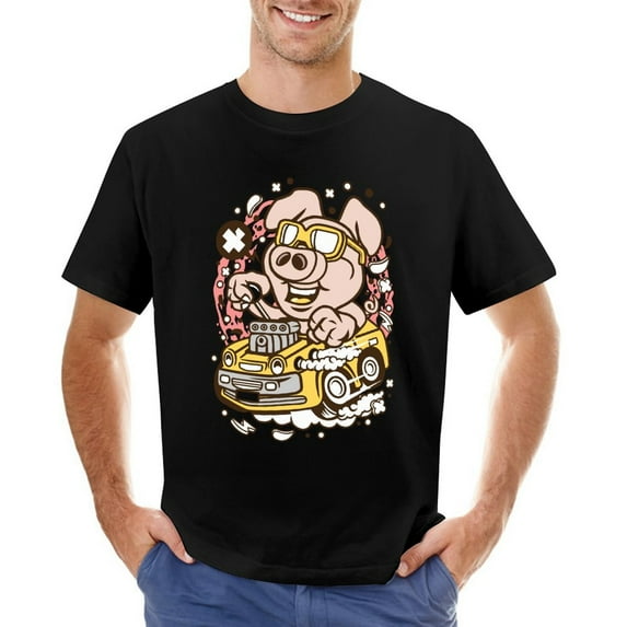 Oink Hotrod Men’s T-Shirt 100% Cotton Casual Short Sleeve Tops Gift Tee Black XL