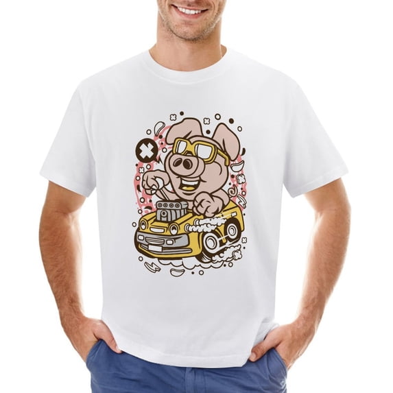 Oink Hotrod Vintage T-shirt Mens Cotton Classic Crewneck Short Sleeve Tees Unisex White 2XL