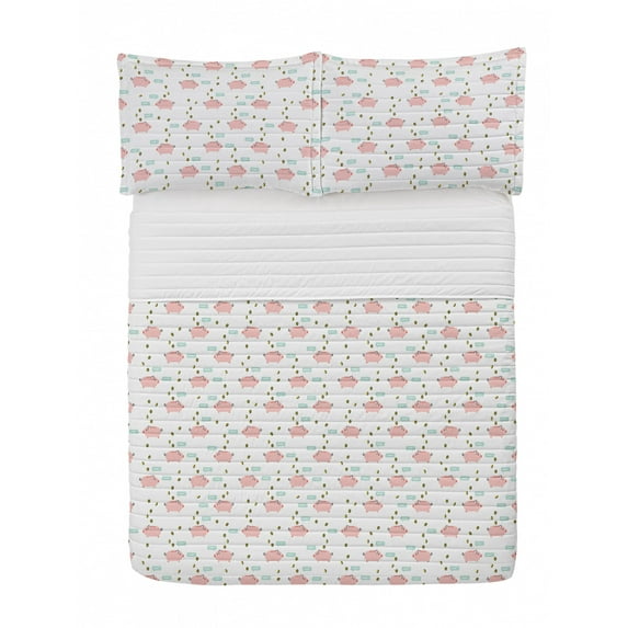 Oink Microfiber Bedspread Set, Pastel Colored Pattern of Piggy Bank Look Motif with Raining Coins Illustration, Soft Bedding Set with Pillow Shams & Comforter, 3 Sizes, White and Blush, by Ambesonne