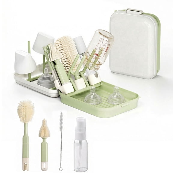 Oioane 2-in-1 Baby Bottle Cleaning Brush Set & Portable Drying Rack, Compact Countertop Organizer and Hygienic System for Bottles, Nipples, and Pump Parts