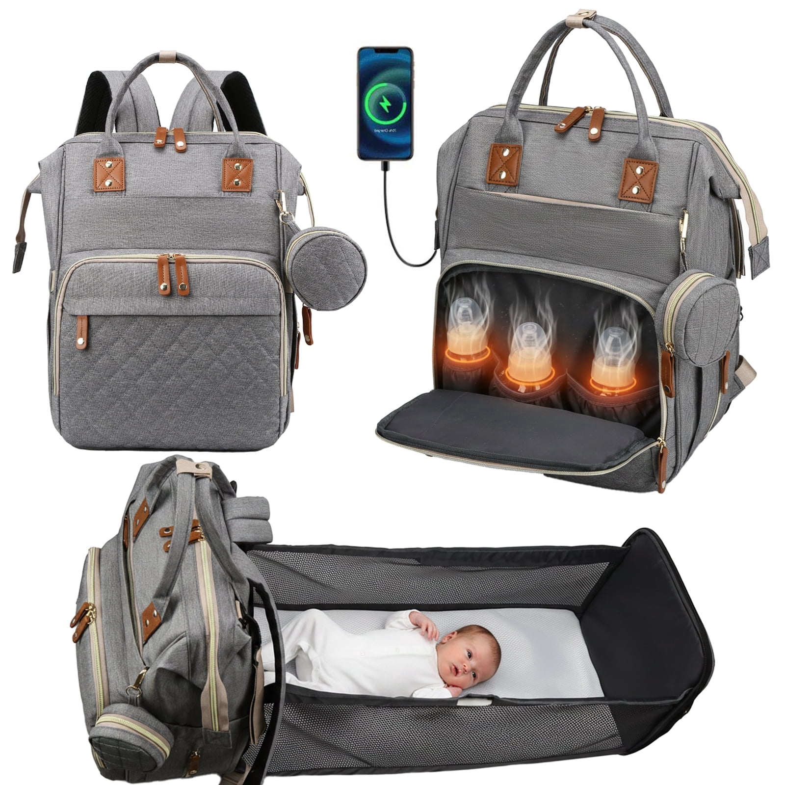 Oioane Baby Diaper Bag with Changing Station, Multifunctional Portable Backpack with USB Charging Port for Travel, Gray