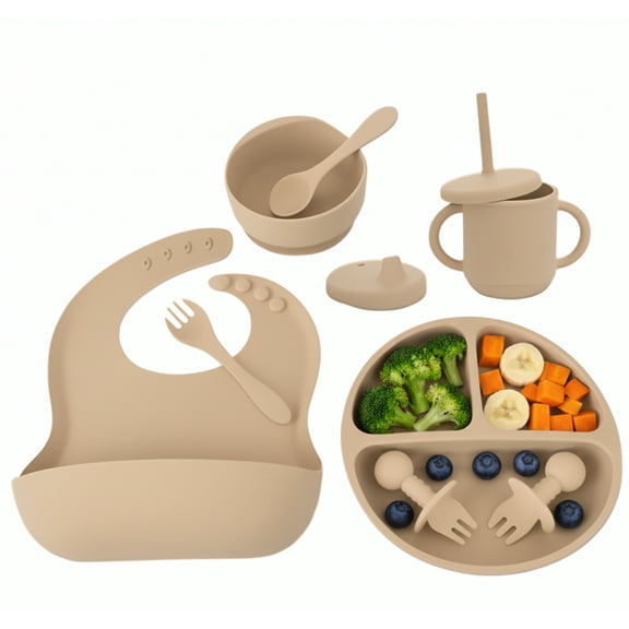 Oioane Silicone Baby Feeding Set, Baby Spoons and Forks, Sippy Cup,Toddler Plates and Bowls Set, Silicone Bibs, Baby Feeding Essentials
