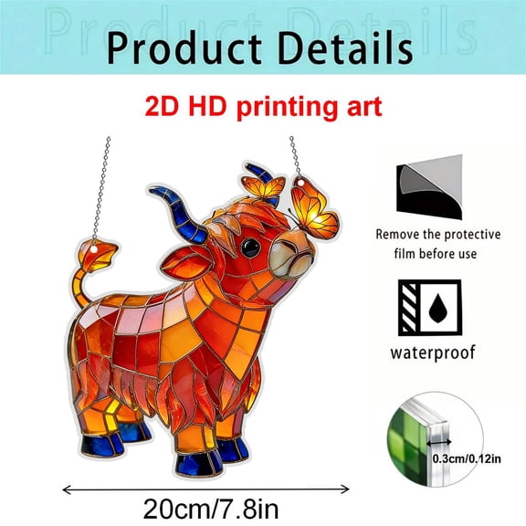 Oioii 2D Acrylic Cattle Suncatcher With Chain, Stained Glass Style Light Filtering Hanging Ornament,Cow Shape Acrylic Decor, Perfect For Home Indoor Window And Outdoor Wall Holiday Decoration,F