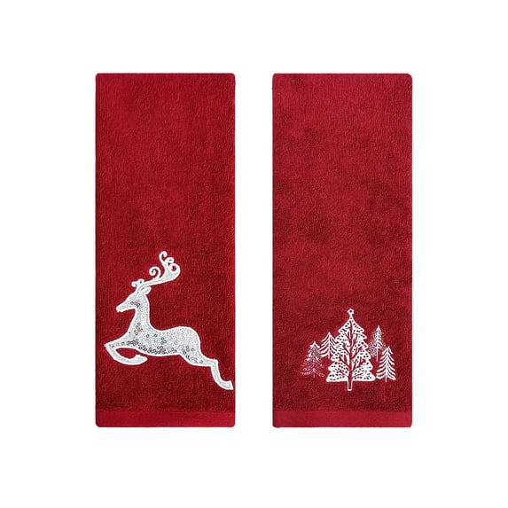 Oioii 2PCS Christmas Snowflakes Hand Towels Winter Embroidered Xmas Red Decorative Bathroom Towels Absorbent Soft Winter Kitchen Decor Set(15.75x27.56in)