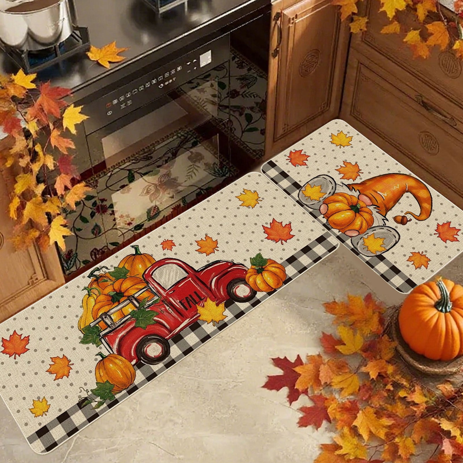 Oioii 2PCS Pumpkin Kitchen Mat Autumn Kitchen Rugs Thanksgiving ...