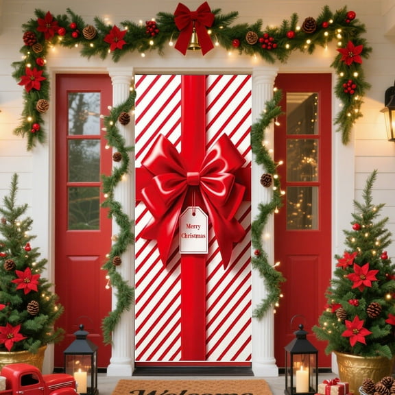 Oioii 35x71 Inch Christmas Door Cover - Merry Box with Bowknot Photography Backdrop for Indoor Outdoor Party Decor