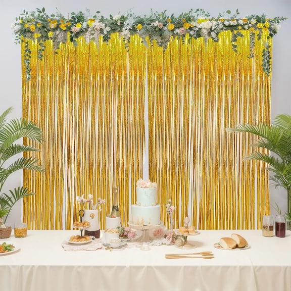 Oioii 39.37x78.74in Party Decoration Tinsel Curtain Set, Fringed Laser Ripple Background Props For Venue Decoration And Celebration Events, For Home Use, Household Supplies, Gold
