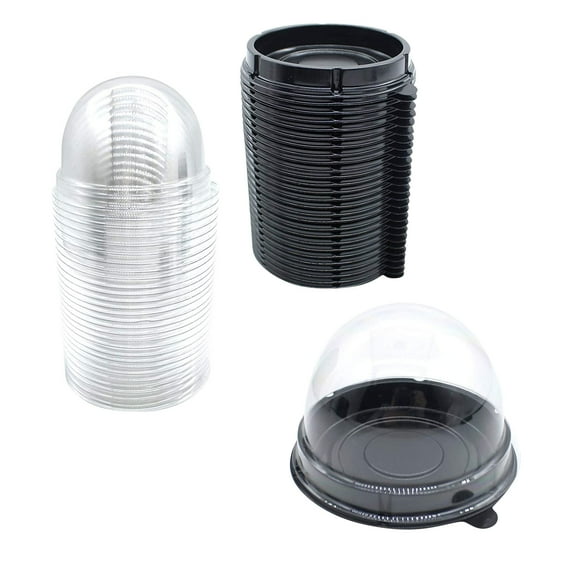 Oioii 50PCS Clear Plastic Mini Container, Mini Boxes Mooncake Boxes Muffin Pod Clear Deep Dome,Plastic Disposable Stackable Cupcake Containers for Wedding Party Birthday Gifts, Black