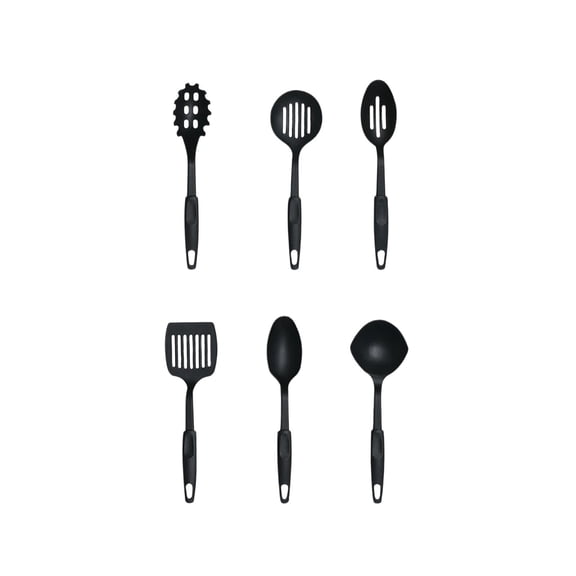 Oioii 6 Piece Kitchen Utensil Set for Non Stick Pans, Includes Ladle and Spatula, Plastic Kitchenware Set with Comfortable Grip, Easy Clean for Daily Cooking,Black