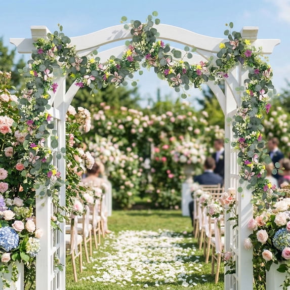 Oioii 6FT Artificial Floral Garland With 7 White Roses, Breath Flower Garland Wreath, Romantic Table Runner Centerpiece For Wedding Party Home Table Decor,66.9in