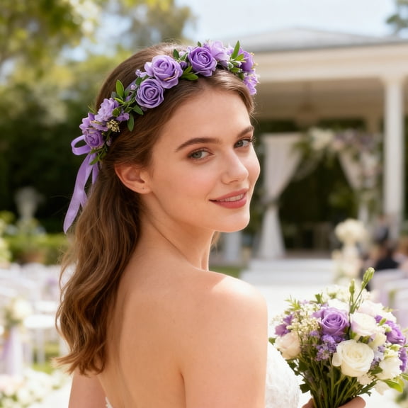 Oioii 8.66in Easter Headband with Flower Wreath and Artificial Flowers and Green Leaves Hair Accessory Festive Party Headband Wreath., Ambiance Decor, Romantic Home, Purple#2