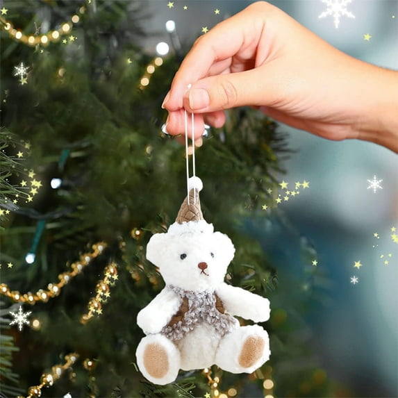Oioii Bear Christmas Tree Ornaments, Small Bear Christmas Decorations for Home, Plush Hanging for Xmas Tree, White