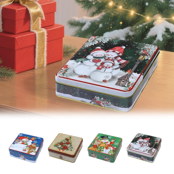 Oioii Christmas Cookie Tins with Lids Square Candy Metal Cookie Tins Empty Retro Xmas Metal Gift Box Large Capacity Xmas Tin Containers for Holiday Storing Cookies Candies Treat, C