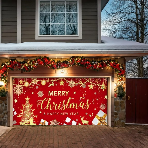 Oioii Christmas Garage Door Banner Cover Decorations,Christmas Holiday Garage Door Outdoor Backdrop for Xmas Holiday Winter New Year Party Supplies, L