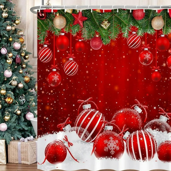 Oioii Christmas Shower Curtain, Christmas Bathroom Sets, Colorful Xmas Balls Green Pine Branches Waterproof Polyester Fabric Bathroom Decor Bath Set with Hooks