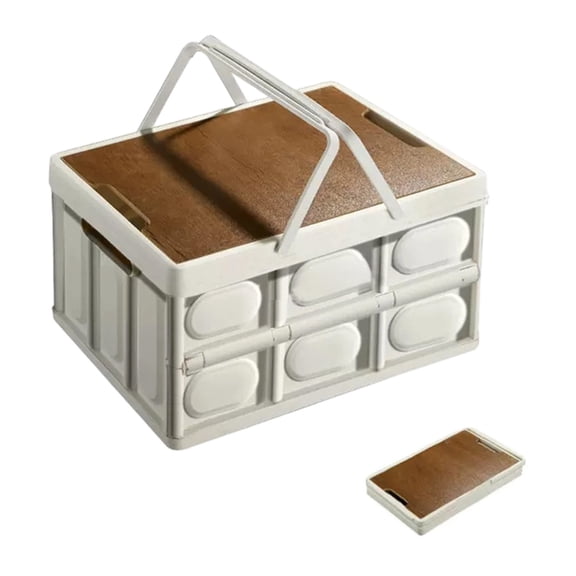 Oioii Collapsible Storage Bin with Handles and Wooden Lid, Large Capacity Stackable Utility Crates Holds for Outdoor Home Storage Organizing Moving,White