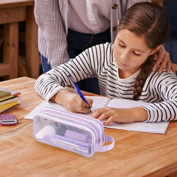 Oioii Double Layer Mesh Transparent Pencil Case with Large Capacity for Junior Highs High Pencil Cases for Elementarys, Must Haves, Purple