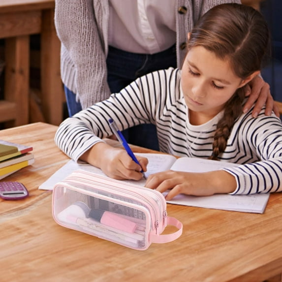 Oioii Double Layer Mesh Transparent Pencil Case with Large Capacity for Junior Highs High Pencil Cases for Elementarys, Must Haves, Pink