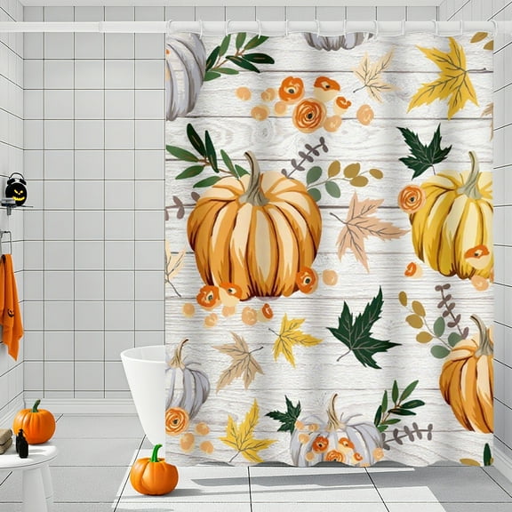 Oioii Fall Autumn Halloween Thanksgiving Shower Curtain, Waterproof Fabric with Pumpkins Maple Leaves Design Shower Curtains Set, Non-punching Bathroom Curtain Decor