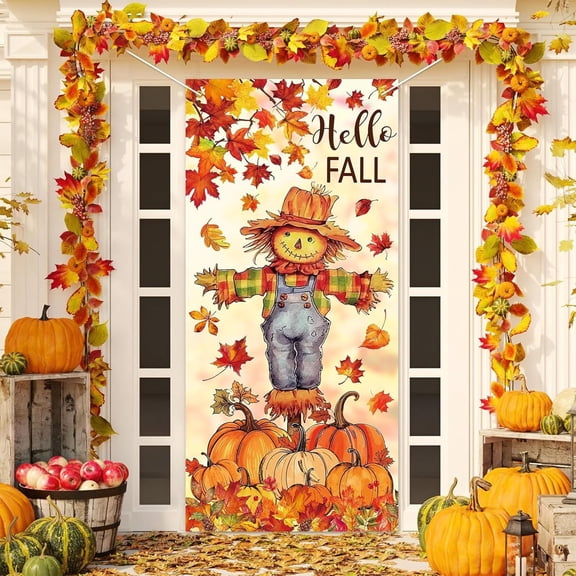 Oioii Fall Door Cover Decorations Fall Door Realistic Pumpkin Maple Leaves Porch Harvest Photo Backdrop Background for ThanksgivingAutumn Harvest Holiday Party Decorations (35.43x70.86in)