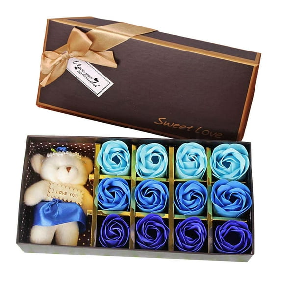 Oioii New Valentine's Day Bear Gift Box Gift Rose Gift Small Gift 12 Soap Flower, Romantic Atmosphere, Cozy Valentine's Decor, Blue