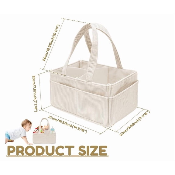 Oioii Portable Corduroy Baby Nappy Caddy Organiser, Diaper Storage Basket with Handle, Newborn Nursery Storage Bin, Perfect Baby Shower Gift for Baby Boys,White