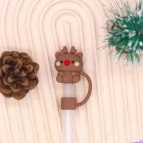Oioii Reusable Silicone Christmas Straw Covers - 0.4in Diameter,Cute Christmas Gift Box/Snowman/Elk Design, Splash-Proof for Water Bottle Straws, Ideal for Holiday Drinks, Brown
