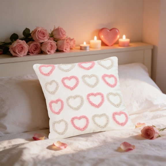 Oioii Scandinavian Ins Cream Wind Pillow Circles Velvet Tufted Three-dimensional Heart Embroidery Valentines Day Sofa Home Decoration, Ambiance Decor, Romantic Home, B