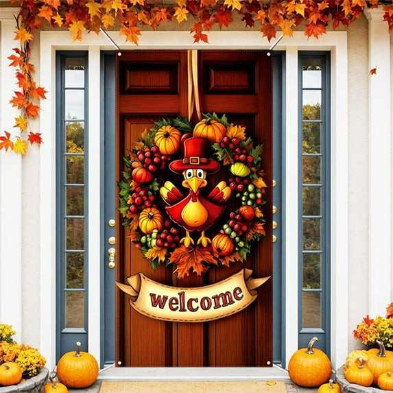 Oioii Thanksgiving Door Cover,Fall Maple Leaves Turkey Pumpkin Thanksgiving Decor for Indoor Outdoor Friendsgiving Themed Door Banner Fall Party Decorations Supplies(35.43x70.87in)