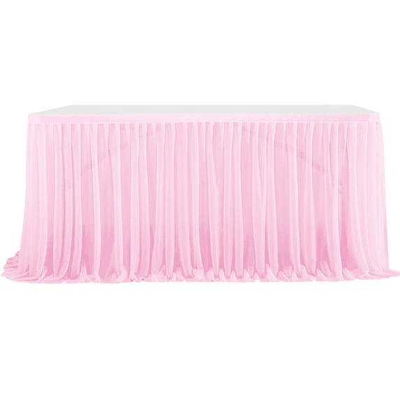 Oioii Tulle Ruffled Table Skirt Extra Long Transparent Recyclable Table Cloth for Wedding Birthday Banquet Party Home Event Table Decoration, Household Supplies, Pink