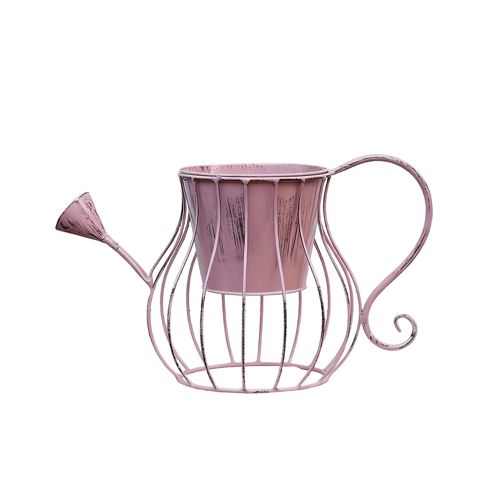 Oioii Wrought Iron Watering Can Shape Flower Pot, Decorative Planter for Garden, Balcony and Patio, Vintage Style Ornament for Potted Plants and Outdoor Home Decoration,Pink