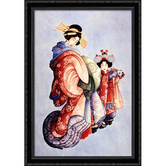 Oiran and Kamuro 28x40 Large Black Ornate Wood Framed Canvas Art by Katsushika Hokusai