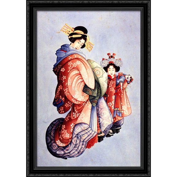 Oiran and Kamuro 28x40 Large Black Ornate Wood Framed Canvas Art by Katsushika Hokusai