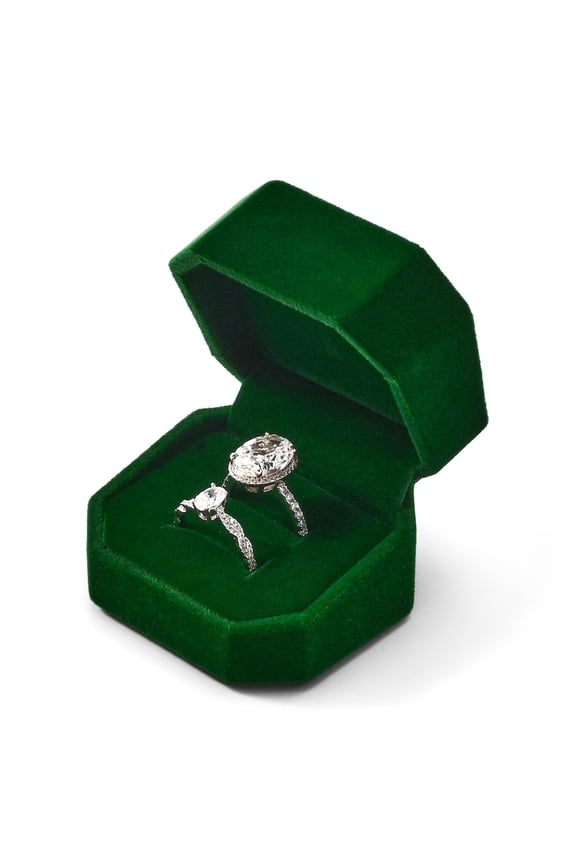 Green Velvet Double Ring Box, Wedding Ring Box for Engagement & Proposal
