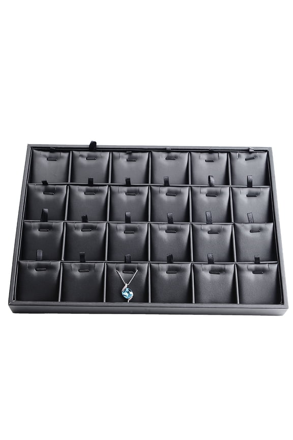 24-Slot Black Leather Necklace & Pendant Organizer Tray, Jewelry Display Holder with Hooks for Home & Retail