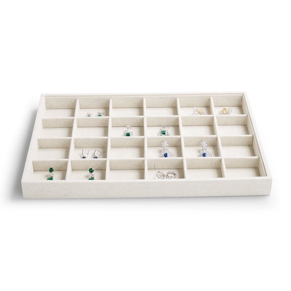 Oirlv 24-Slot White Linen Jewelry Organizer Tray