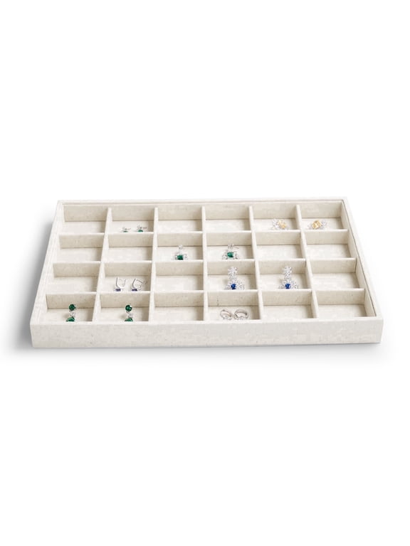 Large Jewelry Display Tray Linen Jewelry Organizer Tray Beige 24-Grid, 1 Pack