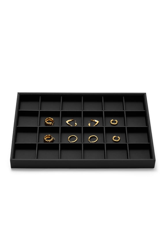 24-Slot Black Leather Jewelry Organizer Tray