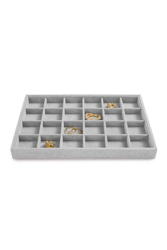 24-Slot Gray Velvet Jewelry Organizer Tray, Drawer Insert for Rings, Earrings & Small Accessories, Home & Retail Display